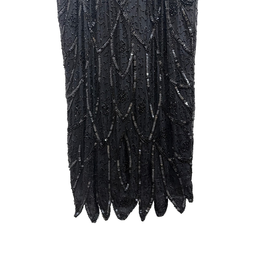 Silk Gown Beaded Vintage Stenay Womens 10 Black Sequin Art Deco Evening Dress - Picture 5 of 6